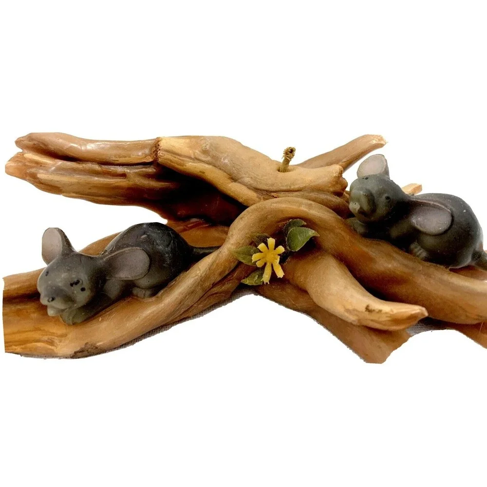 Sculpted Candle Two Mice on Logs in Forest Wax Vintage MCM Plastic Flower 9 inch